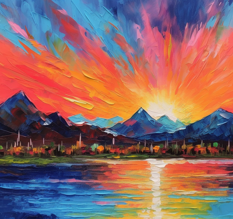 夕阳橙色油画棒山川湖泊唯美背景,插画/手绘图,插画/手绘图库,插画/手绘图下载,插画/手绘